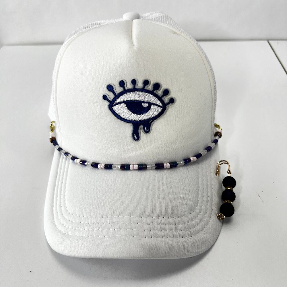 Evil Eye Trucker Hat with Jewels NWT White/Blue